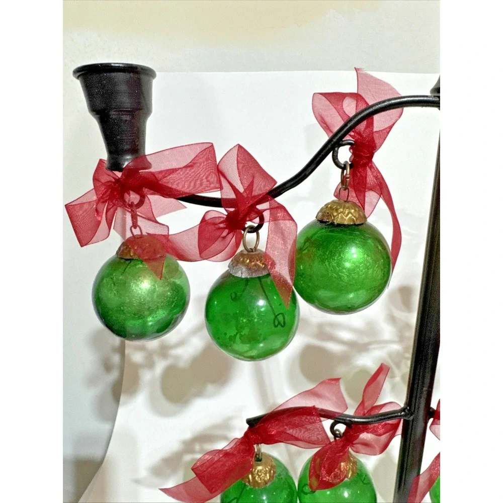 Vintage Black Christmas Candelabra With Green And Brass Ornaments 3 Candlesticks